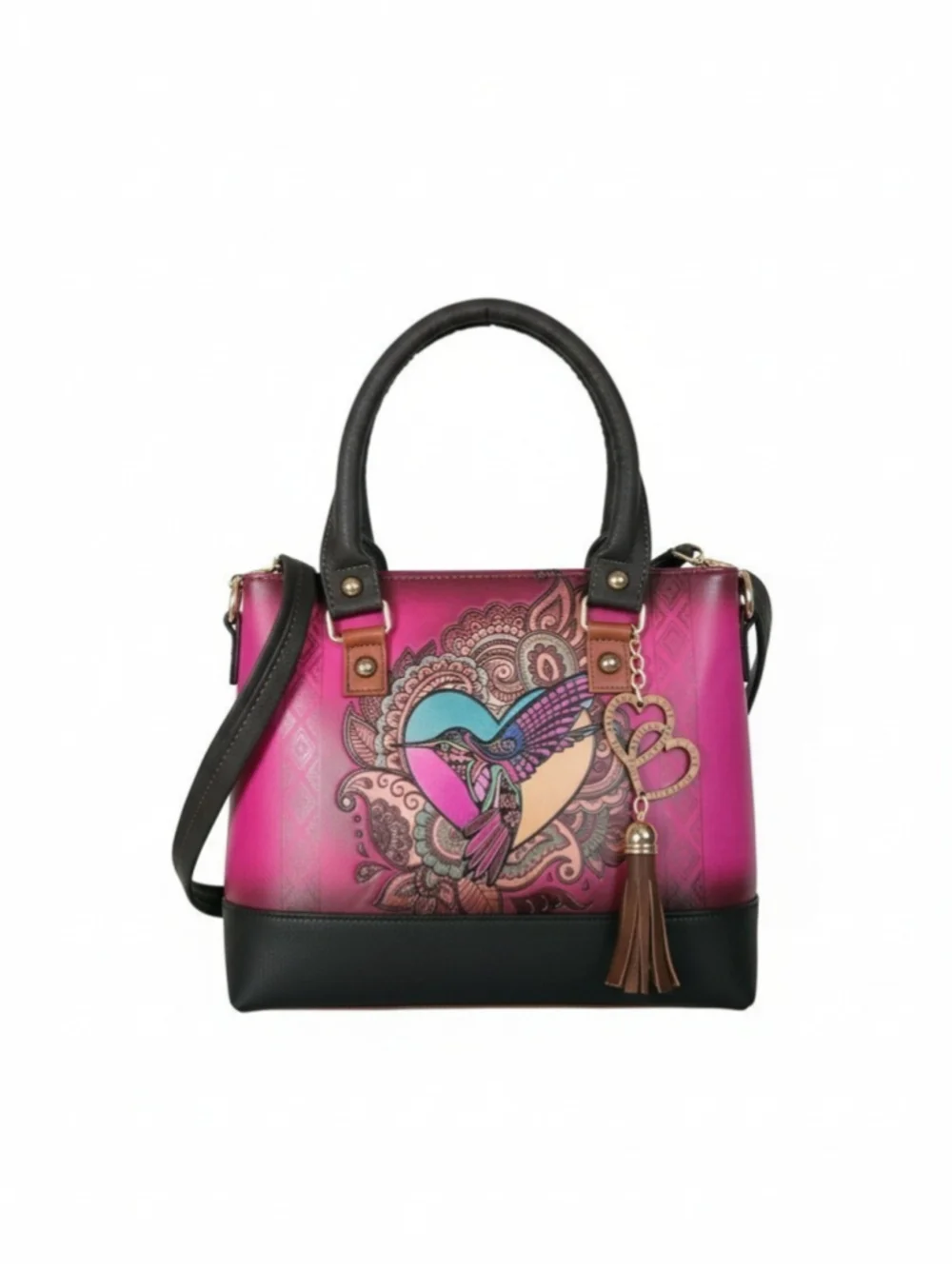 Mexican Hummingbird Embossed VEGAN Leather Handbag – Magenta Pink & Dark Brown